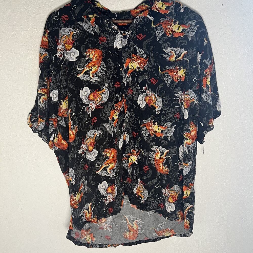 Y2K Brooklyn Standard Black Mens Button Down Shirt Tiger Dragon Cotton Polyester